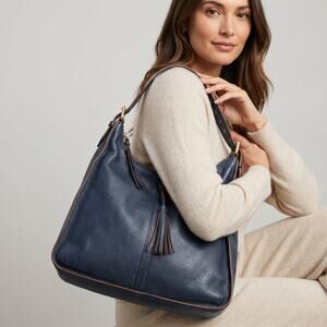 Hobo Women's Leather Tassel Hobo Bag Navy Blue Shoulder Tote Boho Large